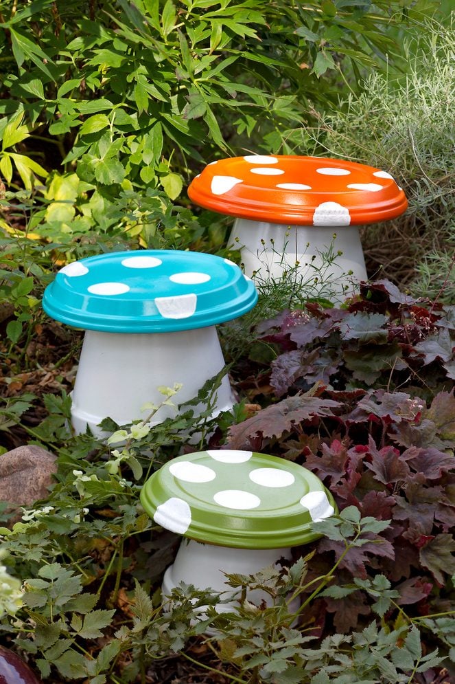 DIY painted garden mushrooms
