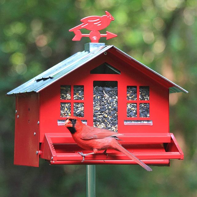 Bird feeder that looks like a red barn