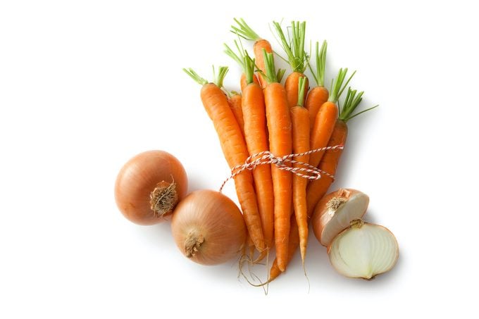 Vegetables: Carrots And Onions Isolated On White Background