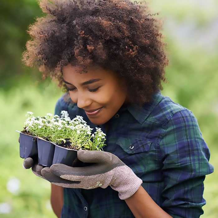 Shot of a happy young woman holding a tray of seedlings for the garden