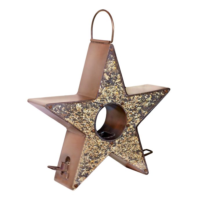 A star-shaped feeder with copper-colored sides and opening in the middle.