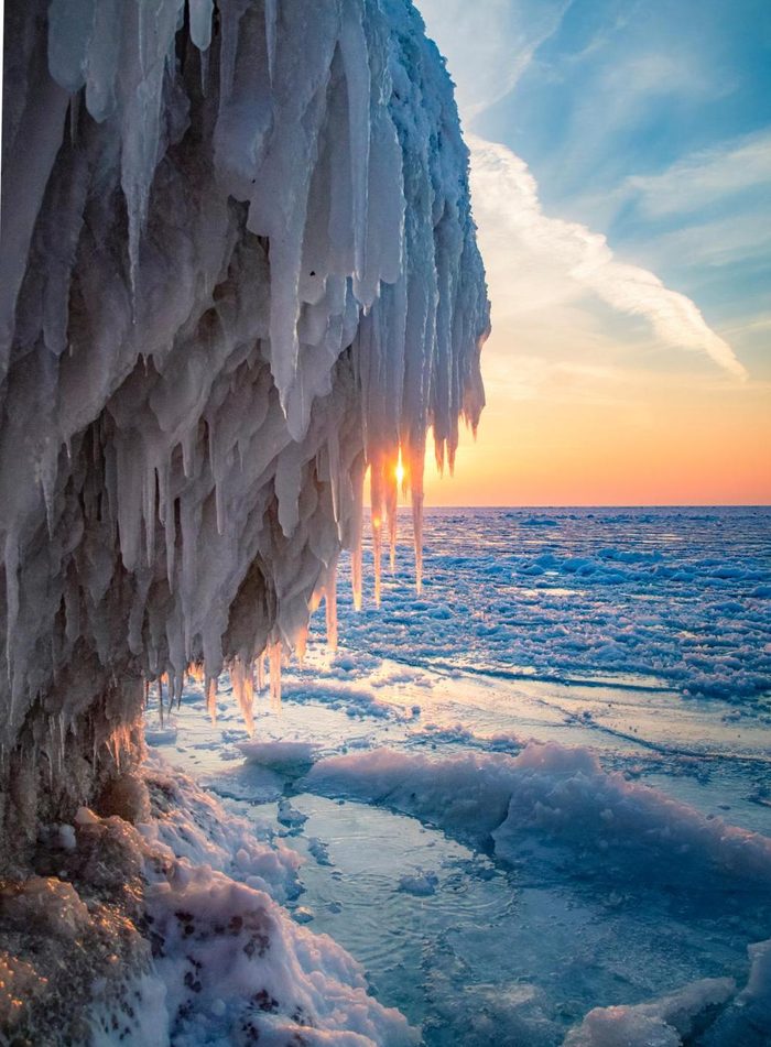 Winter ice caves along the shoreline of Lake Michigan