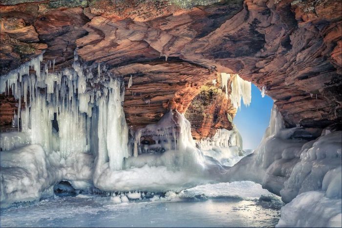 Stunning ice caves along the shoreline of Lake Michigan in northern Wisconsin.