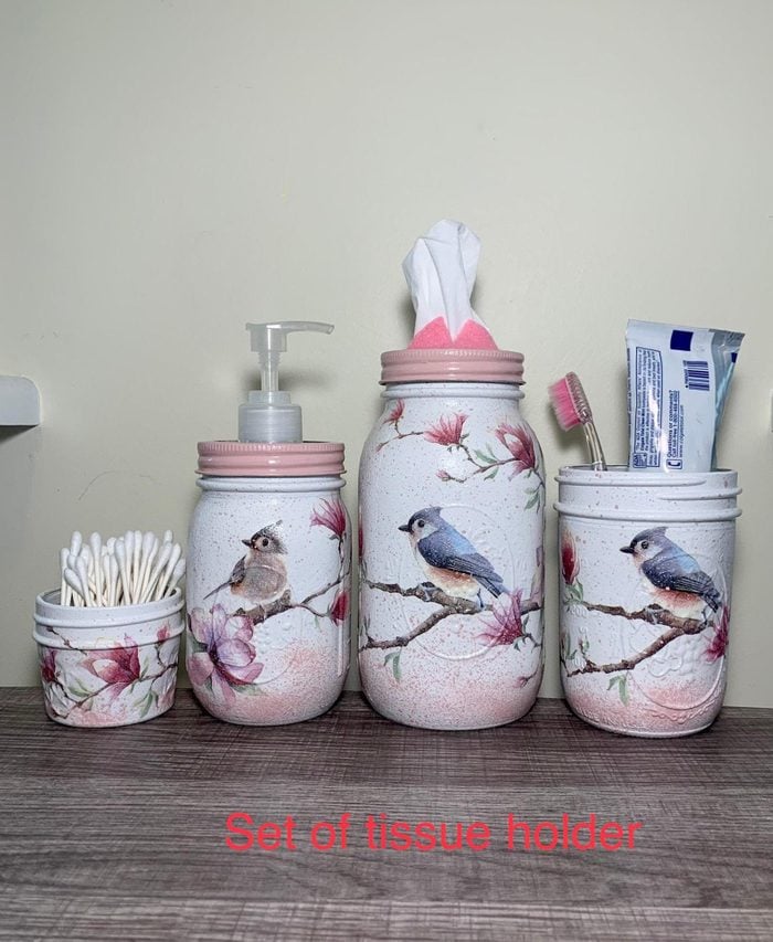 pink bird bathroom storage set