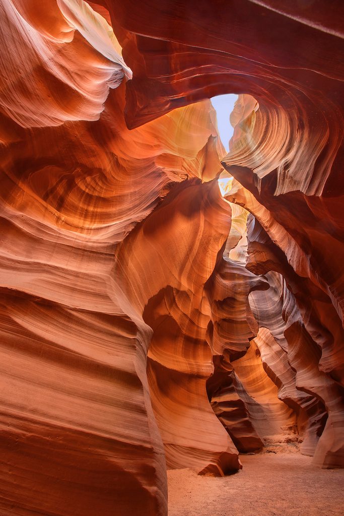 A view up through the rocks in Antelope Canyon.
