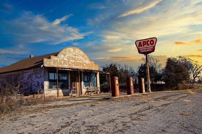 award winning photos general store and gas pumps by the side of the road in Oklahoma.