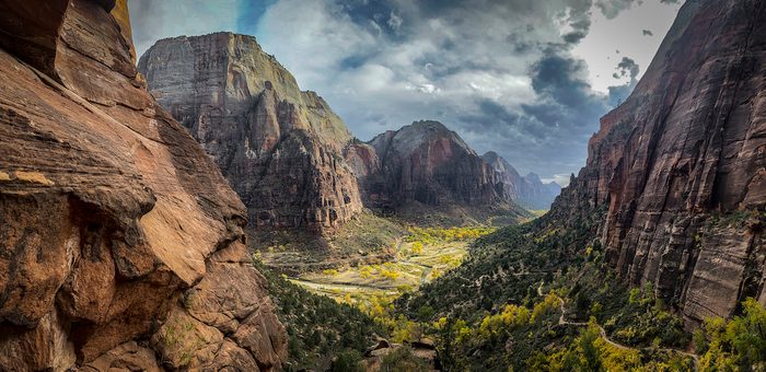 A vast vista through the mountains of a valley in Utah's Zion National Park.