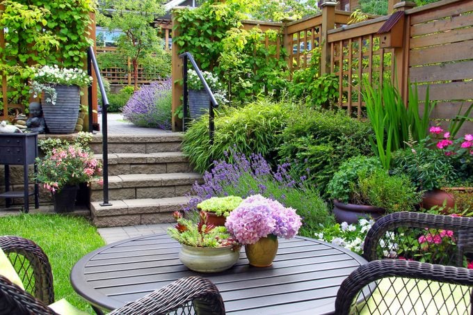A lush patio garden with potted plants, trellises and perennials.