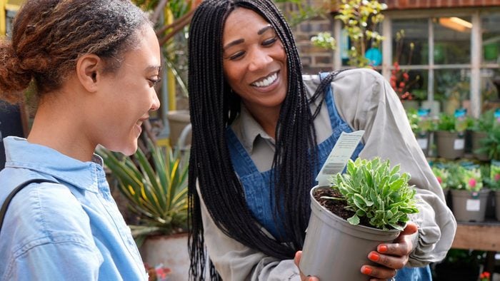 garden trends, shop assistant showing customer a plant
