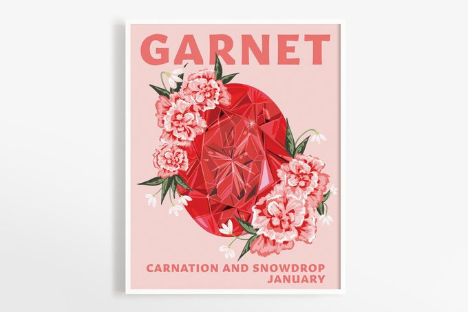 Garnet January Birthstone And Birth Flower Illustration Downloadable Digital Printable Wall Art