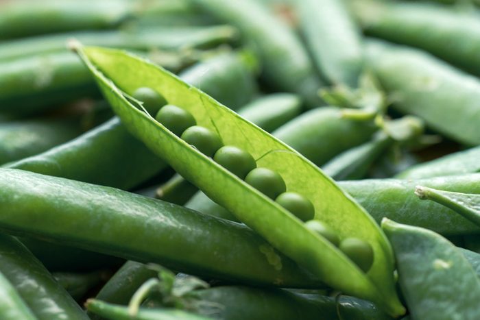 Open pod of young green peas with round peas close-up