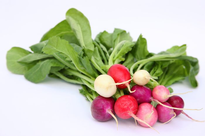 Organic Easter Egg radishes in a bunch.