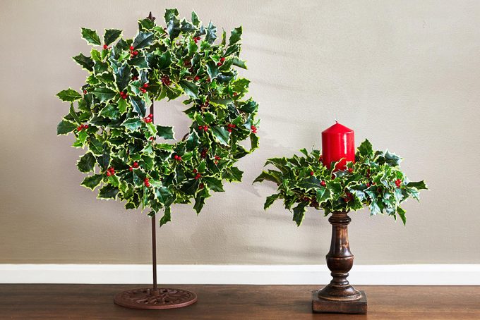 Variegated Holly And Red Berry Mini Wreath And Candle Wreath Centerpiece
