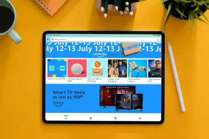 amazon prime day screen on a tablet on a yellow desk
