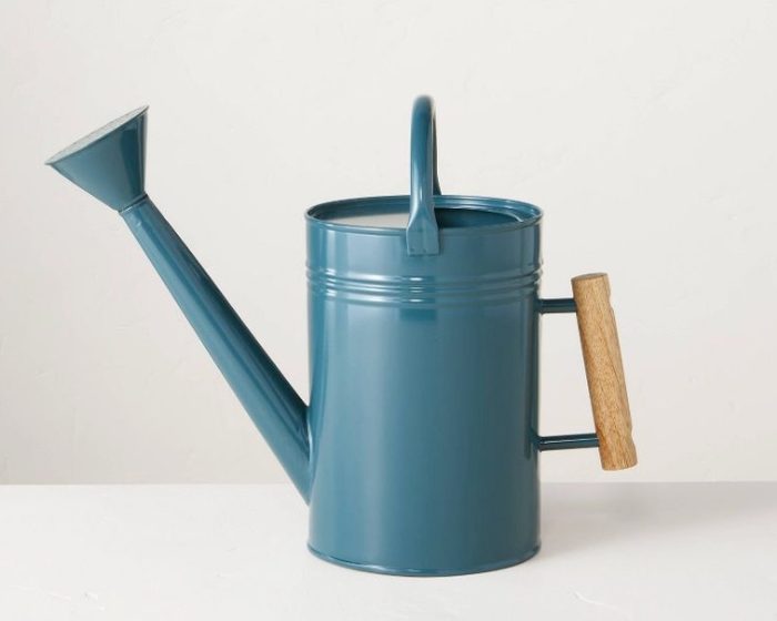 A classic-looking watering can with blue paint and light wood handle.